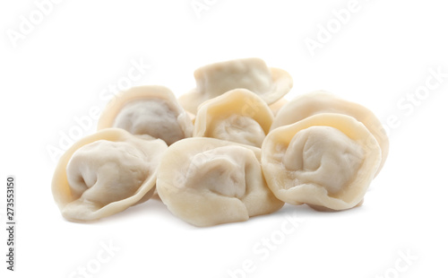Pile of boiled dumplings on white background