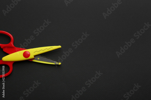 Decorative edge scissors on dark background, top view. Space for text