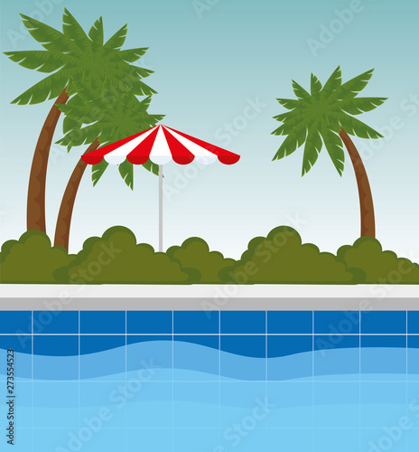 pool with palms trees and bushes plants with umbrella