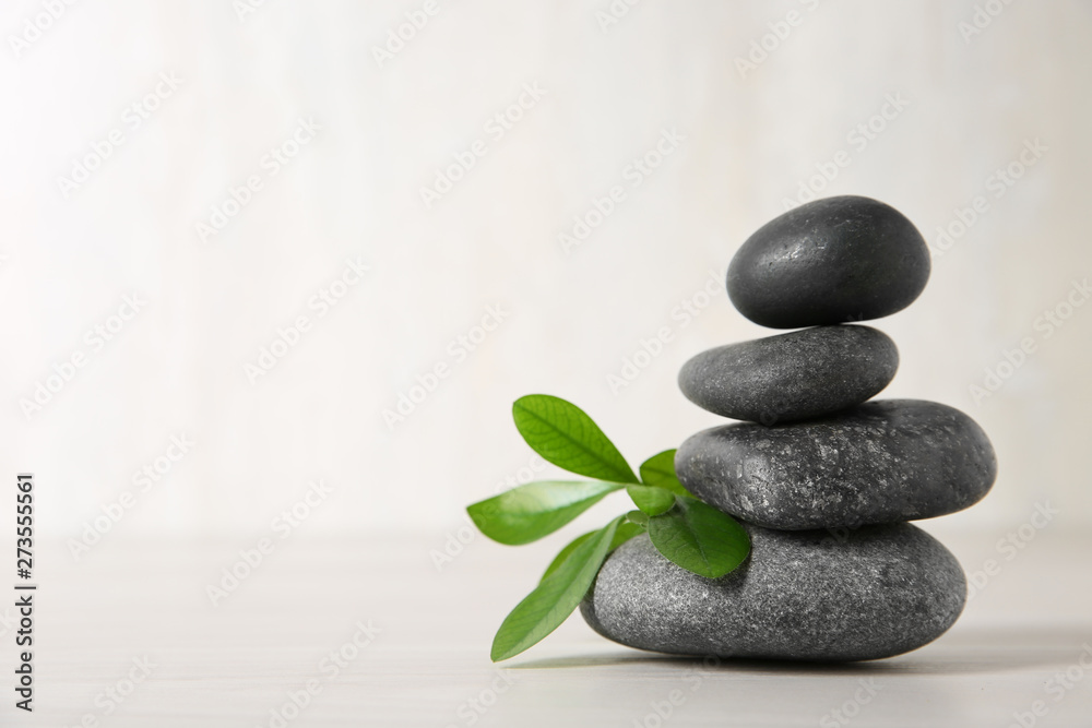 Spa stones with branch on light background. Space for text Spa stones with branch on light background. Space for text