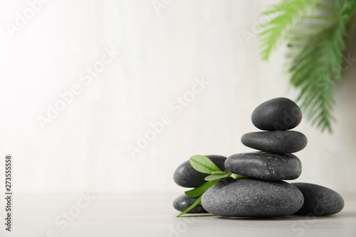 Spa stones with branch on light background. Space for text