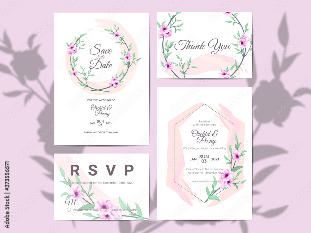 Watercolor Floral Wedding Invitation Template. Hand Drawn Flowers with Branches Save the Date, Greeting, Thank You, and RSVP Cards Multipurpose