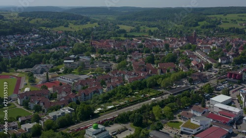 Aerial of  the village Kirchentellinsfurt in Schwaben Germany, with wide view from above and pan to the right. photo