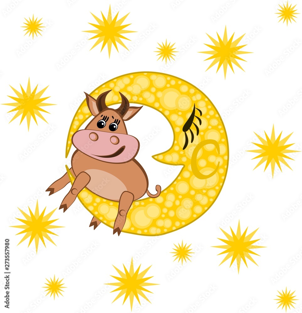 Year of the bull. In the picture, a bull lies on a yellow moon against a starry sky, vector