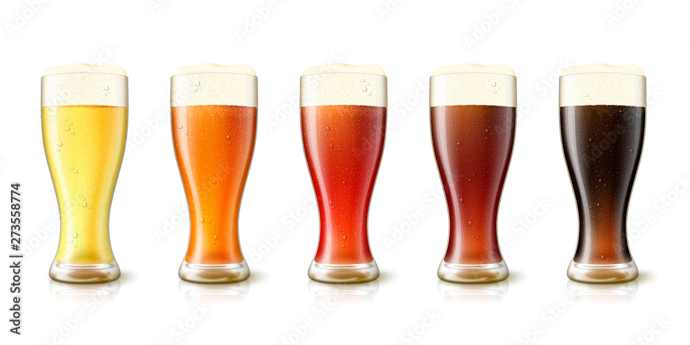 Vector 3d realistic various beers in tall glasses, yellow, amber, red, dark and black. Mockup template for beer advertising Vector 3d realistic various beers in tall glasses, yellow, amber, red, dark and black. Mockup template for beer advertising