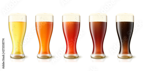 Vector 3d realistic various beers in tall glasses, yellow, amber, red, dark and black. Mockup template for beer advertising