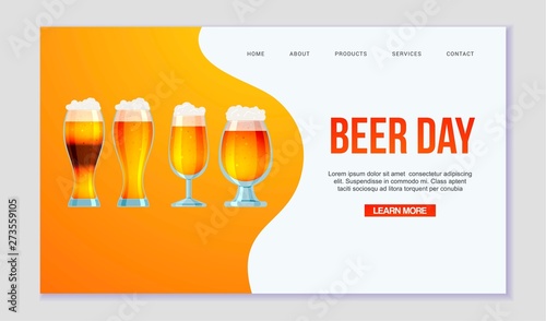 Vector web page of all sorts of beer and ale. Glasses of light and dark beer for alcohol bar cartoon illustration. Great for brewery or beershop web, landing page.