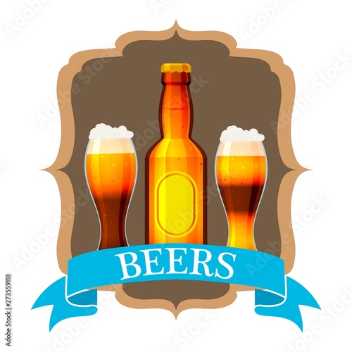 Craft beer label and neck label on brown bottle. Vector beer glasses and bottle drawn with mesh tool. Different sorts of alcohol bar concept.