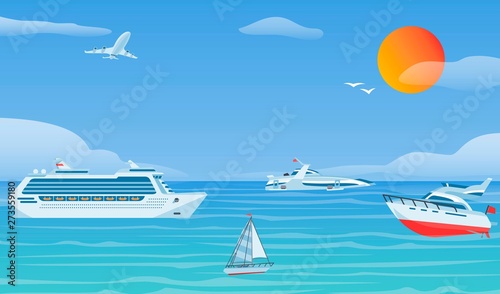 Sea boats and little fishing ships. Sailboats flat vector background illustration.Water transport yacht and ship sailboat in blue sea with sun, seagull and airplane.