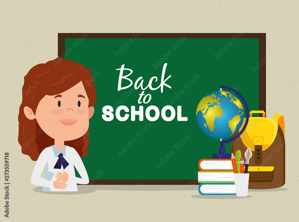 girl with blackboard and books and backpack and global map girl with blackboard and books and backpack and global map