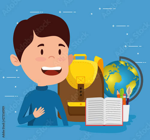 boy with backpack and global map and books with pencils