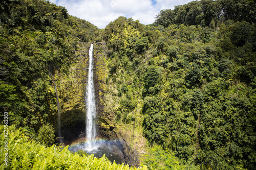 Beautiful jungle waterfall with rainbow at Akaka Falls State Park near Hilo Hawaii