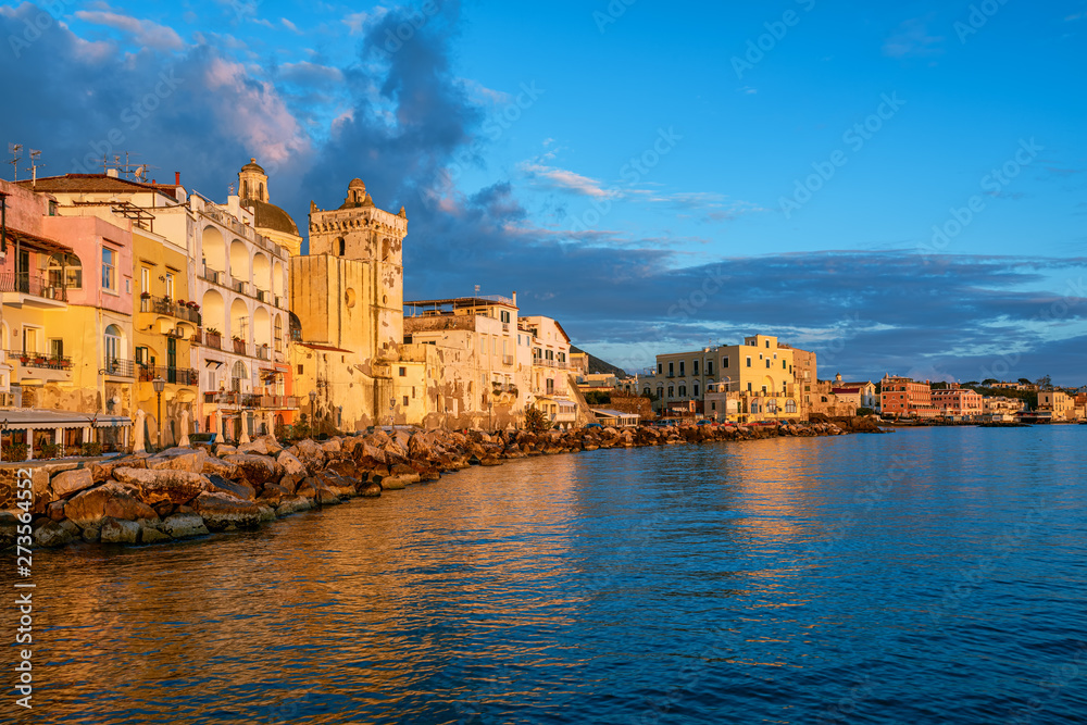 Ischia town waterfront on sunset, Italy