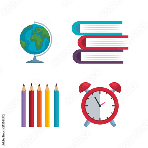 set of global map with pencils colors and books with clock alarm