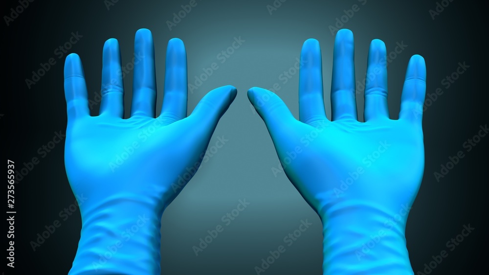 Hands putting on gloves over a creative blue background. 3d illustration Hands putting on gloves over a creative blue background. 3d illustration