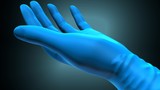 Hands putting on gloves over a creative blue background. 3d illustration