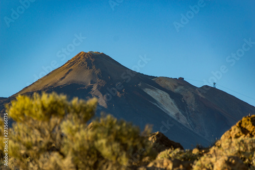 Mountain Teide with funicular facilities on the right slope. Bright blue saturated sunset sky. Blurred endemic plants in the foreground. Teide National Park, Tenerife, Canary Islands, Spain