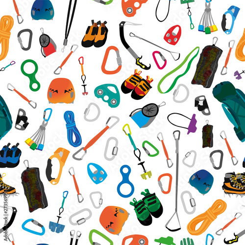Assorted equipment and clothing for mountaineering forming seamless ornament