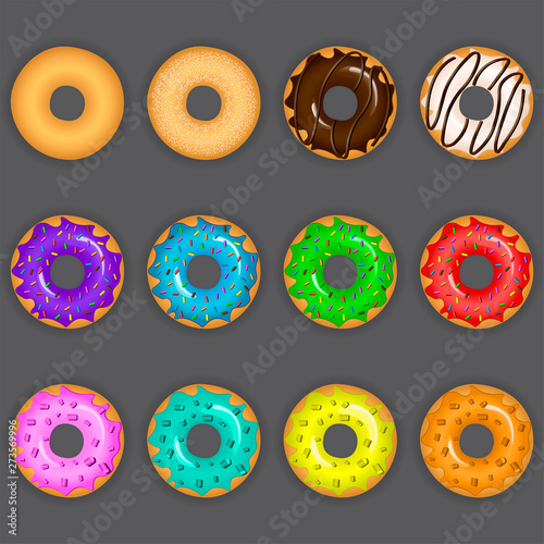 Vector illustration of colorful delicious doughnuts with various toppings and tastes on gray background