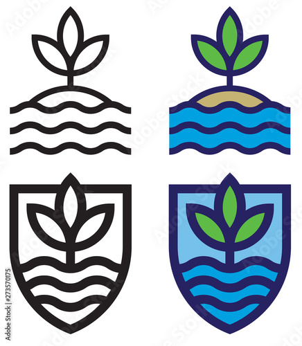 Set of land, sea and sky mono-line emblems. Bold outline, flat design graphics showing waves, leaves and sky. Includes isolated version and shield shape enclosed version.