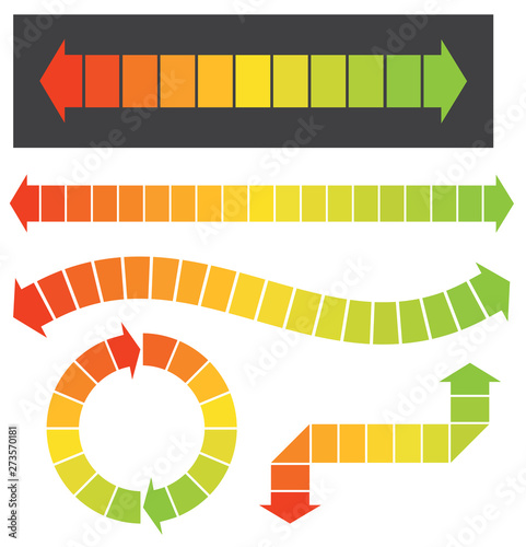 Set of 5 colorful arrow or graph elements These colorful arrow illustrations are great for infographic or graph designs. The colors change from red to orange to yellow to green. Perfect for showing ch