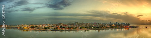 panoramic view of the city of habana and its bay seen from the castle of morro at dusk