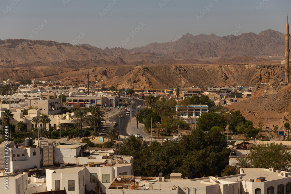 Egypt. Sharm El Sheikh, downtown. Mountains of the Sinai Peninsula. District of the Old Market, and Sahaba Mosque.