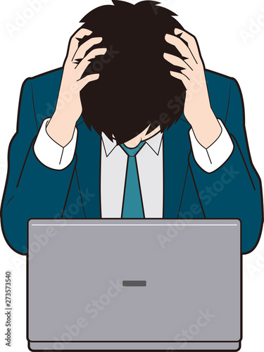 パソコンの前で頭を抱える男性ビジネスマンのイラスト