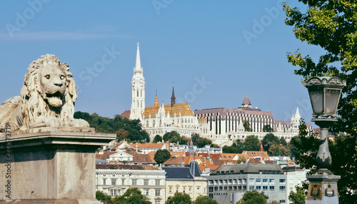 Budapest Matthias Church and Lion Statue of Szechenyi Chain Bridge