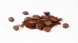 roasted coffee bean with powder on white background
