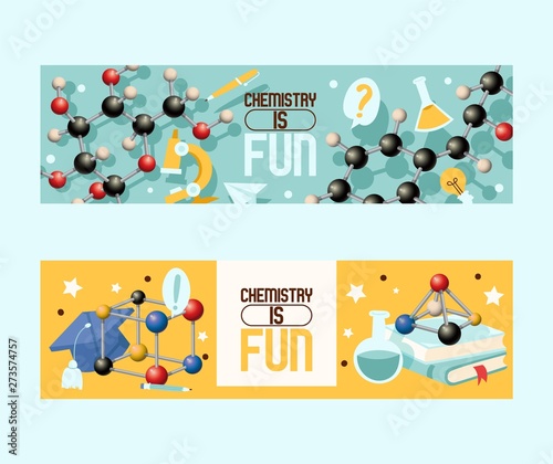 Chemistry is fun set of banners vector illustration. Laboratory equipment such as microscope, flask with liquid, molecule shapes. Pile of books, graduation hat and pencil.
