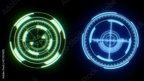 Fototapeta Naklejka Na Ścianę i Meble -  HUD Futuristic Spin Circles Crosshair Element Shape Target Monitor User Communication Interface Concept. Virtual Abstract Hi Technology UI Interactive Screen Illustration Design.