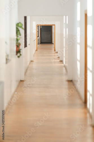 Long empty hallway inside an old building with white freshly painted walls and parquet floors © MoiraM