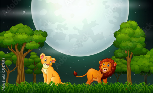 Lion cartoon roaring on the nature landscape