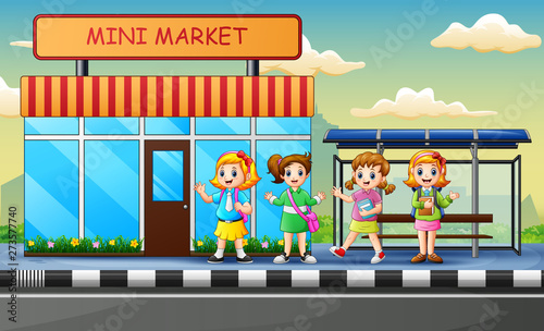 Cartoon of school children waiting bus on the roadside