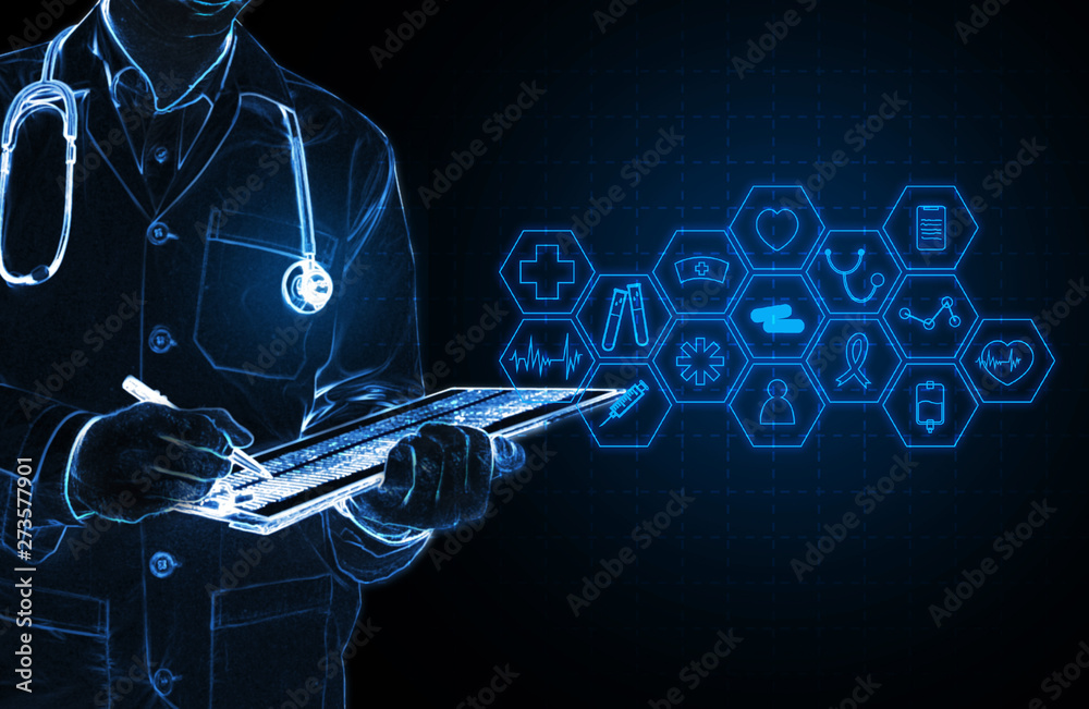 Abstract health medical science healthcare icon digital technology doctor  concept modern innovation,Treatment,medicine on hi tech future blue  background. Photos | Adobe Stock