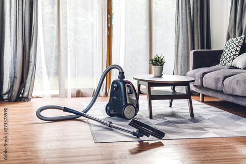 Vacuum cleaner in living room at home photo