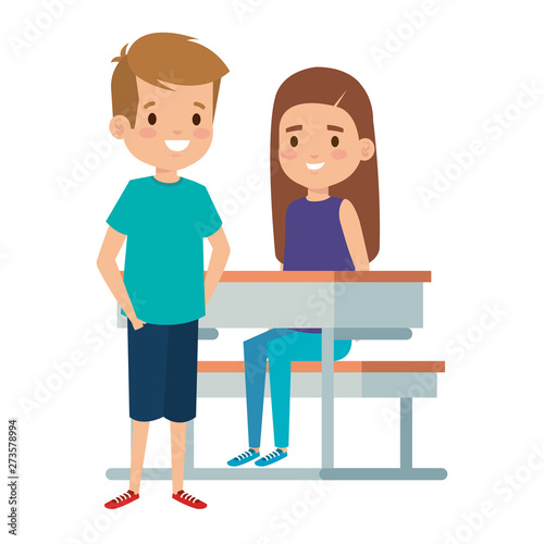 cute little students couple in school desk