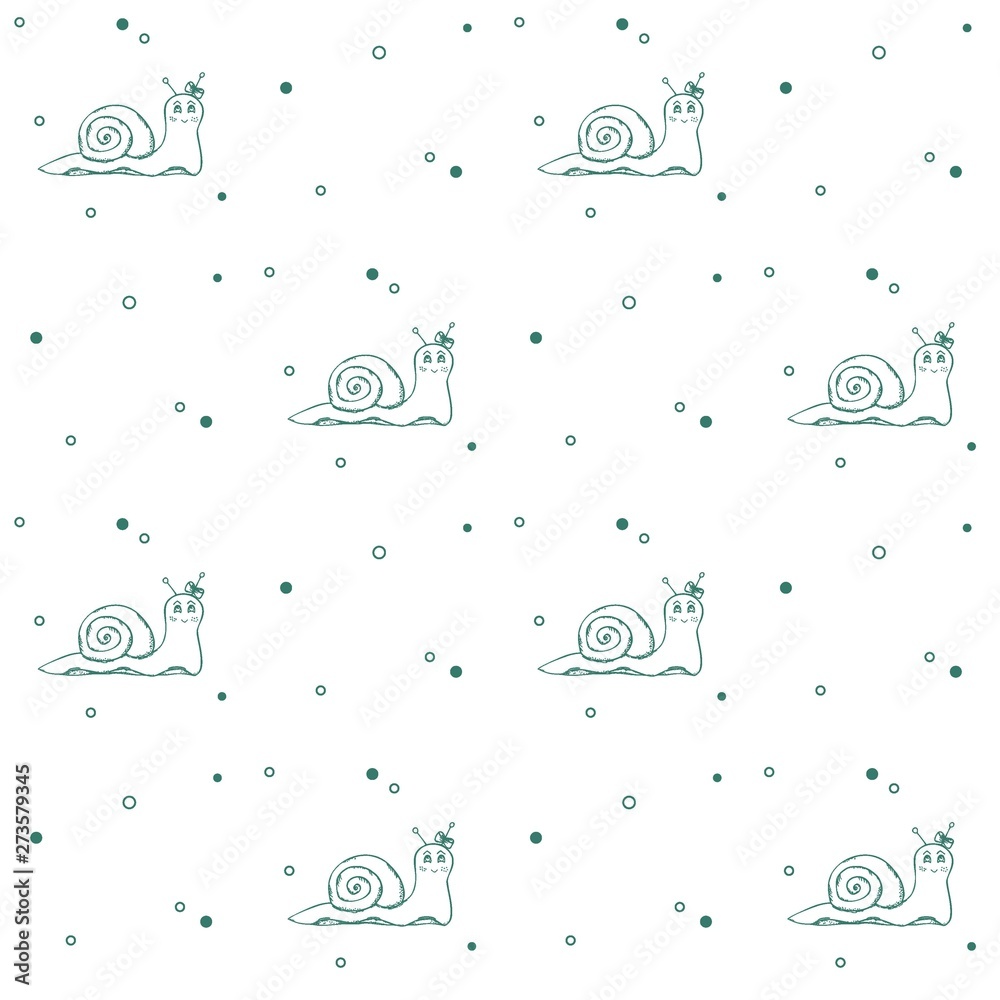 seamless pattern of green silhouette snails and dots on white background