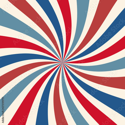 Red white and blue retro sunburst background pattern for July 4th or memorial day graphic art designs with spiral stripes