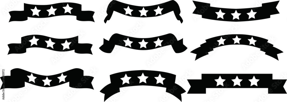 Monochrome Illustration of a three star title ribbon set Monochrome Illustration of a three star title ribbon set