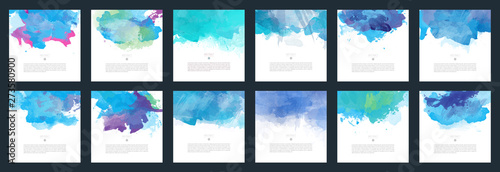 Blue vector watercolor background template set for brochure, poster or flyer