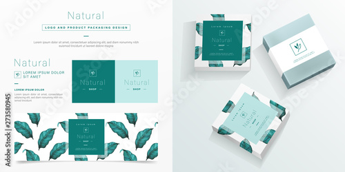 Natural logo and packaging design template. Natural soap package mockup created by vector. Watercolor green leaf pattern for branding and corporate identity design.