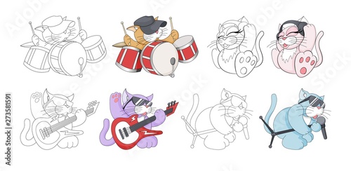 Musical cartoon animal. Childish cat band. Coloring book page for kids set