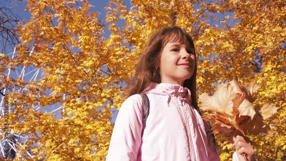 Child walking in autumn amusement park. Cute girl with yellow leaves in the autumn outdoors. Child walking in autumn amusement park. Cute girl with yellow leaves in the autumn outdoors.