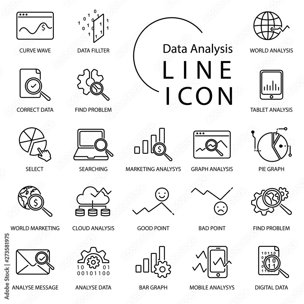 Simple line icon about analytics. Include graph,chart,search,cloud and more