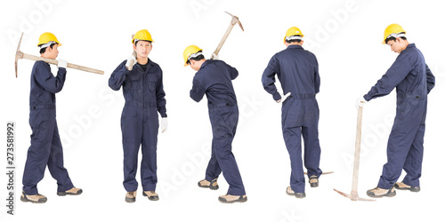 Set of Man in uniform hold old pick mattock that is a mining device photo