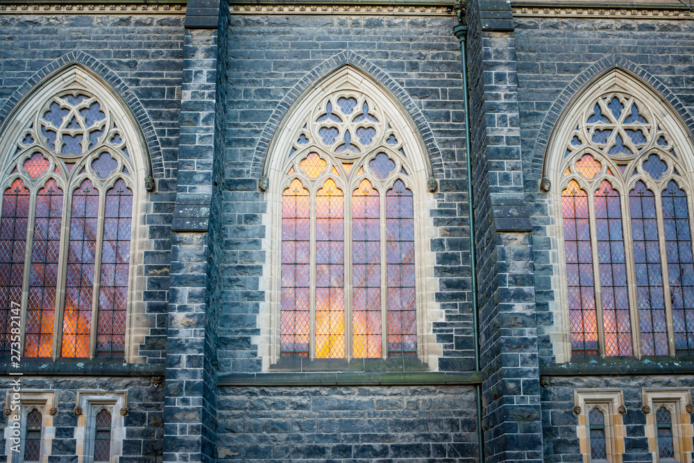 The exterior windows outside St Patrick's Cathedral the biggest church in Melbourne, Australia.