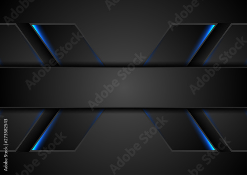 Abstract black tech background with blue neon glowing light