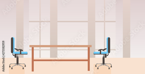 empty no people co-working center cabinet modern workplace desk creative office interior flat horizontal